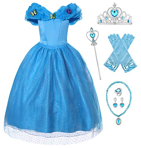 YOSICIL Cinderella Kleid Mädchen Prinzessin Schmetterlinge Kostüm Kinder Verkleidung Geburtstagsparty Kleider Halloween Weihnachtsfeier Faschingskostüm Karneval Kostüme Maxi Kleid Blau von YOSICIL