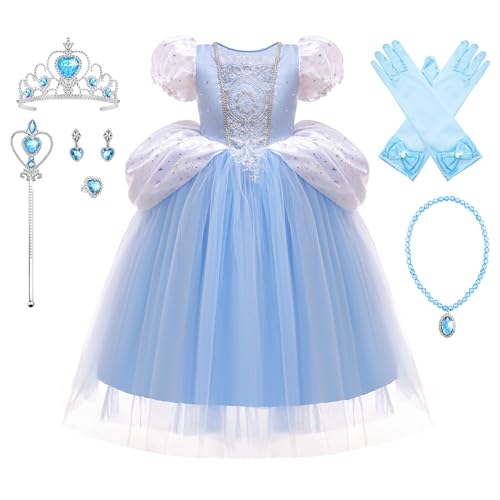 YOSICIL Cinderella Kostüm für Mädchen Elsa Kinder Prinzessinnenkleid mit Zubehöre Baby Outfits blaues Dress up Verkleidung Blumenmädchen Tüll Cocktailkleid Weihnachten Geschenk Cosplay, 120 von YOSICIL