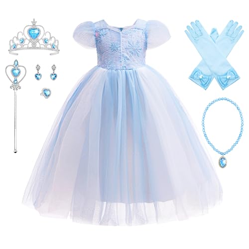 YOSICIL Cinderella Prinzessin Kostüm mit Zubehöre für Mädchen Kinder Kleid Blaues Dress up Set Outfits für Verkleidung Cosplay Halloween Weihnachten Geschenk Geburtstag Partys, Blau, 110 von YOSICIL