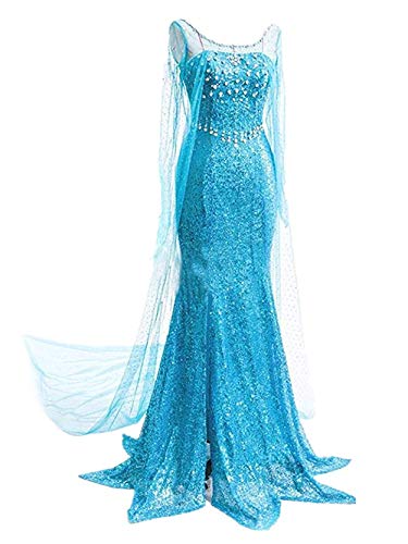 YOSICIL Damen Prinzessin ELSA Kleid Frauen Eiskönigin Kostüm Kleid Weihnachtsfeier Cosplay Halloween Karneval Fasching Party Verkleidung Festlich Kleid S-2XL, Blau, L von YOSICIL