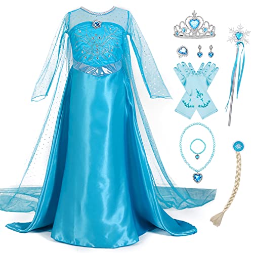 YOSICIL ELSA Kinder Mädchen Kostüm Prinzessinnenkleider mit Zubehöre für Weihnachten Karneval Cosplay Halloween Geburtstag Geschenk Verkleidung mit Krone Handschuhe Zauberstab, Blau 120 von YOSICIL