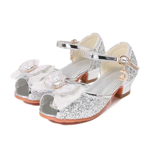 YOSICIL ELSA Mädchen Prinzessin Schuhe Glitzer Kinder Sandalen mit Absatz Sommer Heels für Verkleidung Cosplay Geburtstagsfeiern Halloween Karneval Rollenspiele Weihnachten Schule, Silber, 31 von YOSICIL