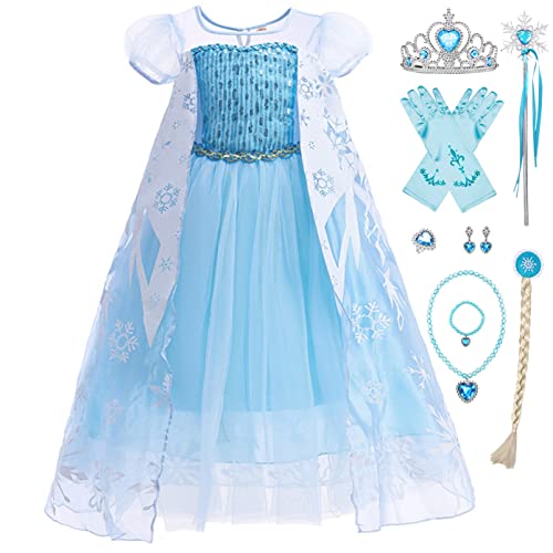 YOSICIL ELSA Prinzessin Mädchen Kinder 8-teiliges Set Kostüm mit Zubehör Krone Party Halloween Fest Geschenk Geburtstag Karneval Kinderkleider Fasching, Blau, 120 von YOSICIL