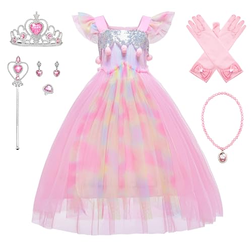 YOSICIL Einhorn Kostüm für Mädchen Regenbogen Kleid mit Halskette Krone für Kinder Tutu Dress up set für Verkleidung Halloween Cosplay Kindertag Geschen Geburtstagsfeier Karneval, 110 von YOSICIL