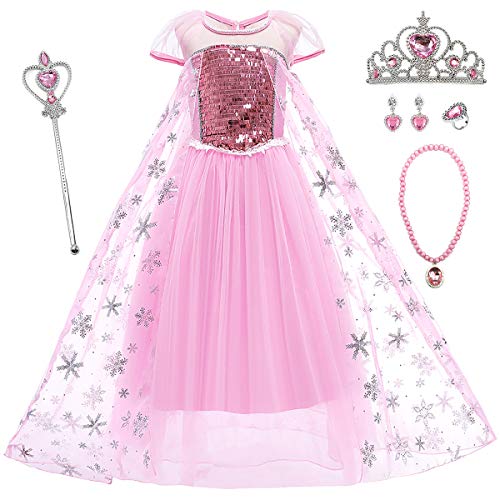 YOSICIL Eiskönigin 2 Prinzessin ELSA Kostüm Umhang Ice Queen Kinder Kleid Prinzessinnen Kostüm Schneekönigin Kostüme Cosplay Fasching Geburtstag Kleider Outfit mit Zubehör Pink von YOSICIL