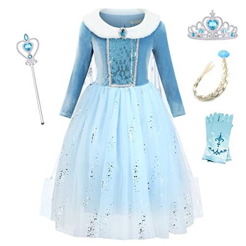 YOSICIL Eiskönigin ELSA Kleid 2 Frozen Kostüm Anna Und ELSA Prinzessin Kleider Kinder Geburtstag Weihnachten Karneval Kostüm Cosplay Outfit für Mädchen Blau mit Umhang Zubehör von YOSICIL