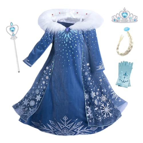 YOSICIL Eiskönigin ELSA Kostüm Mädchen Frozen Kinder Winter Schneeflocken Kleid mit Zubehöre für Verkleidung Cosplay Karneval Weihnachten Geschenk Halloween Geburtstag, Blau, 120 von YOSICIL