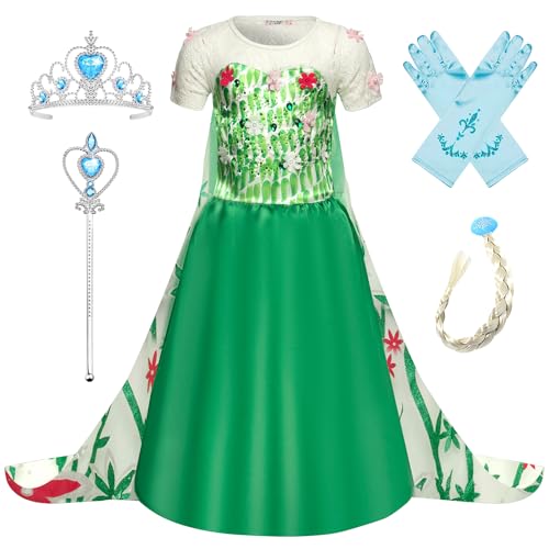 YOSICIL Eiskönigin ELSA Kostüm Mädchen Prinzessin ELSA Kleid Cosplay Geburtstag Anna und Elsa Verkleidung Set Halloween Fest Karneval Fasching Partei Kleid Grün 110 von YOSICIL