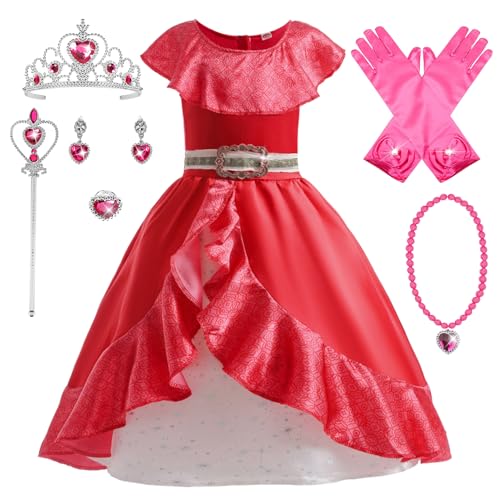 YOSICIL Elena Abenteuer Kleid Klassisches Elena von Avalor Kostüm Prinzessin Elena Mädchen mit Rüschen Mädchen Halloween Kostüm Weihnachten Party Rot,110 von YOSICIL