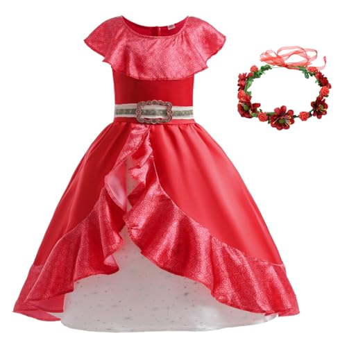 YOSICIL Elena Adventure Kostüm Mädchen Kinder Prinzessin Kleid Dress up mit Kranz Rotes Kleid für Ankleiden Verkleidung Cosplay Geburtstag Geschenk Karneval Halloween Partys, Rot, 110 von YOSICIL