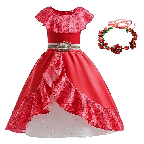 YOSICIL Elena Adventure Princess Elena Mädchenkostüm Elena of Avalor Kinderkostüm mit Rüschen Halloween-Kostüm für Mädchen Weihnachtsfeier Geburtstagsgeschenk Rollenspiel-Rock Rot,110 von YOSICIL