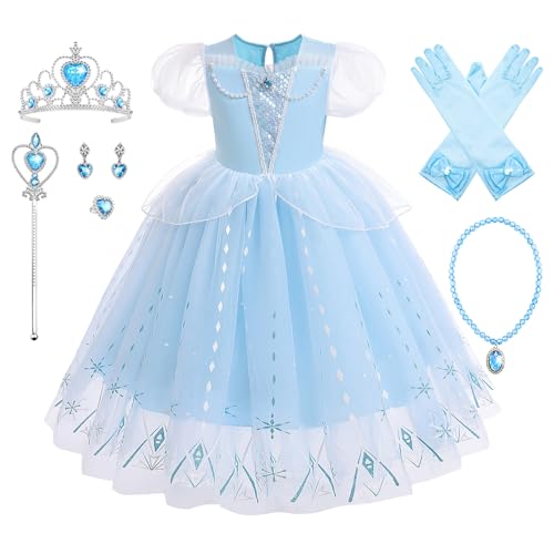 YOSICIL Elsa Prinzessin Kleid für Mädchen Eiskönigin Kinder Kleid mit 6-teiliges Set Krone Diadem Handschuhe Tutu Dress up Set Weihnachten Verkleidung Karneval Halloween Cosplay Fasching, 100 von YOSICIL