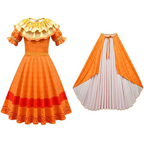 YOSICIL Encanto Anime Pepa Prinzessinnenkleid Kinderkostüm für Märchen Verkleidung Halloween Karneval Geburtstag Weihnachten Festliches Maxikleid mit Tasche, Orange D, 130 von YOSICIL