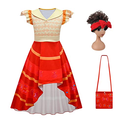 YOSICIL Encanto Dolores Verkleidung Mädchen Kostüm mit Tasche Perücke Umhang Prinzessin fliegendes Ärmel-Kleid für Cosplay Halloween Geburtstagsfeier Party Weihnachten karneval, Rot E, 130 von YOSICIL