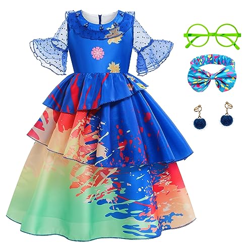 YOSICIL Encanto Isabela Abendkleid Kinder Mädchen Kurzarm Mullkleid Prinzessinn-Kostüm Outfits mit Zubehöre für Verkleidung Geburtstag Geschenk Partys Weinachten Cosplay Fasching Halloween, Blau, 130 von YOSICIL