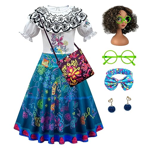 YOSICIL Encanto Mirabel Kinder Mädchen Kostüm mit Zubehöre Perücke Tasche Prinzessin Kleidung Set Outfits füt Verkleidung Cosplay Rollenspiele Partys Geschenk Geburtstag Weihnachten Karneval,grün,150 von YOSICIL