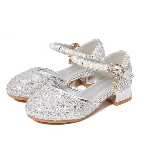 YOSICIL Glitzer Mädchen Prinzessin Schuhe Kinder Prinzessin Sandalen mit Anhänge Heels mit Absatz für Verkleidung Geburtstagsfeiern Halloween Weihnachten Kindergarten Cosplay Karneval, Silber, 31 von YOSICIL