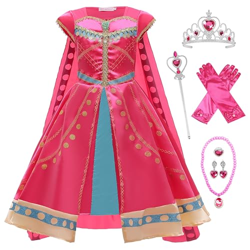 YOSICIL Jasmin Prinzessin Kostüm für Mädchen Aladdin Kleid Kinder Dress up Set mit Zauberstab Krone für Verkleidung Cosplay Geburtstag Party Karneval Weihnachten, Rosarot, 110 von YOSICIL