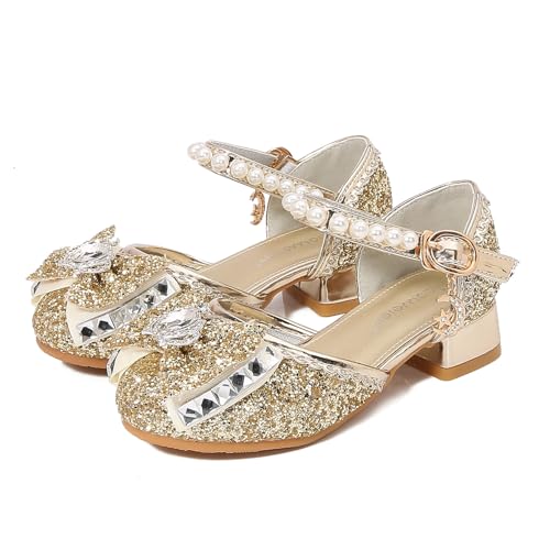 YOSICIL Kinder Mädchen Prinzessin Schuhe mit Absatz Glitzer Sandalen Sommer Heels Ballerinas für Verkleidung Cosplay Geburtstagsfeiern Halloween Weihnachten Fest Partys Kindergarten Schule, Gold, 34 von YOSICIL