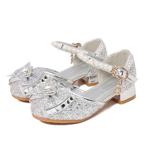 YOSICIL Kinder Mädchen Prinzessin Schuhe mit Absatz Glitzer Sandalen Sommer Heels Ballerinas für Verkleidung Cosplay Geburtstagsfeiern Halloween Weihnachten Fest Partys Kindergarten Schule, Silber, 30 von YOSICIL