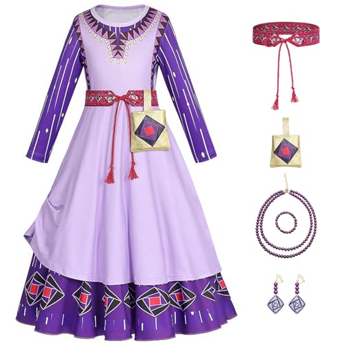 YOSICIL Kinder Prinzessin Kostüm für Mädchen Asha Kleid mit Tasche Gürtel Ohrring Outfits Wunschkleider für Kindergarten Geburtstagsfeiern Geschenk Verkleidung Cosplay, 130 von YOSICIL