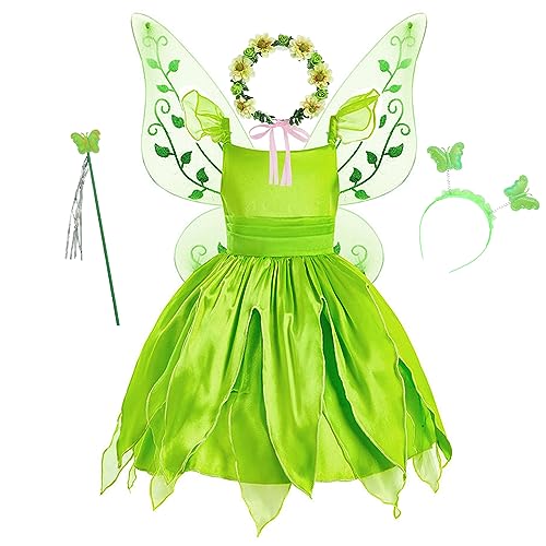 YOSICIL Kleid der Prinzessin Tiana für Mädchen Tinkerbell Kinder mit Schmetterlingsflügeln Zauberstab Haarband Karneval Cosplay Kleid Geburtstagsparty,Grün,100 von YOSICIL