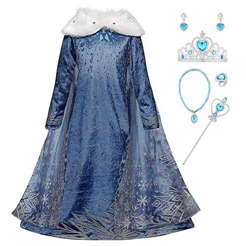 YOSICIL Kostüm für Kinder Mädchen Prinzessinkleid mit Zubehöre Blau Schneekönigin kleid mit Umhang für Kindergarten Geburtstagsfeiern Partys Geschenk Halloween Weihnachten Verkleidung, Blau, 120 von YOSICIL