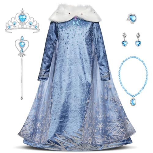 YOSICIL Kostüm für Kinder Mädchen Prinzessinkleid mit Zubehöre Blau Schneekönigin kleid mit Umhang für Kindergarten Geburtstagsfeiern Partys Geschenk Halloween Weihnachten Verkleidung, Blau, 130 von YOSICIL