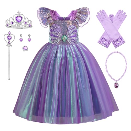 YOSICIL Lila Meerjungfrauen Prinzessinnenkleid Mädchen Kostüm mit Halskette Krone Kinder fancy Dress Outfits für Verkleidung Halloween Geschenk Geburtagsfeiern Karneval Coslay, Lila, 110 von YOSICIL