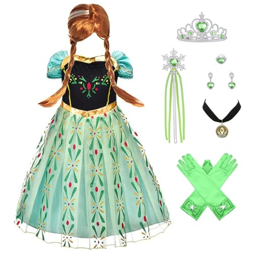 YOSICIL Mädchen Anna Prinzessin Kostüm mit golde Perücke Eiskönigin Kinder Kleid mit Krone Zauberstab grünes Dress up Verkleidung Fancy Halloween Partys Cosplay Geburtstag Weihnachten, 100 von YOSICIL