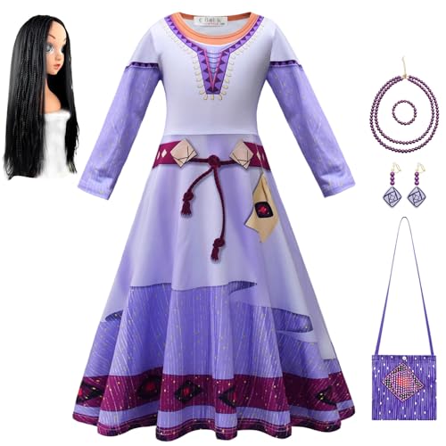 YOSICIL Mädchen Damen Asha Wish Kostüm mit Perücke Tasche Kinder Lila Kleid mit Ohrring Halskette Kleidung für Halloween Tanz Freizeit Cosplay Verkleidung Karneval Rollenspiele, 120 von YOSICIL