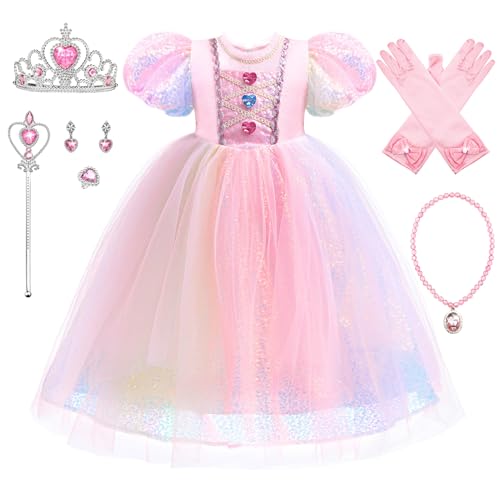 YOSICIL Mädchen Einhorn Prinzessin Kostüm mit Zubehöre Kinder Rosa Tutu Kleid mit Halskette Handschuhe Krone für Verkleidung Geburtstagsfeier Halloween Einhorn Motto Cosplay Freizeit, 110 von YOSICIL