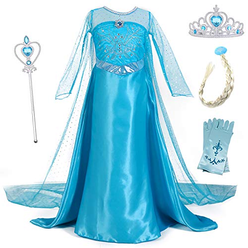 YOSICIL Mädchen Prinzessinkleid mit Zubehöre Elsa Kostüm für Kinder Girls Kleidung Spiegel Krone Zauberstab für Geburtstagsfeiern Geschenk Halloween Weihnachten Verkleidung Karneval, Blau A, 150 von YOSICIL