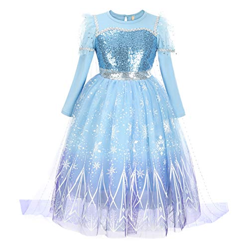 YOSICIL Mädchen ELSA Kostüm Eiskönigin Frozen Kleid 2 Anna Und ELSA Kostüme Kinder Geburtstag Weihnachten Karneval Ankleiden Kostüm Cosplay Outfit für Prinzessin Blau mit Schleppe von YOSICIL