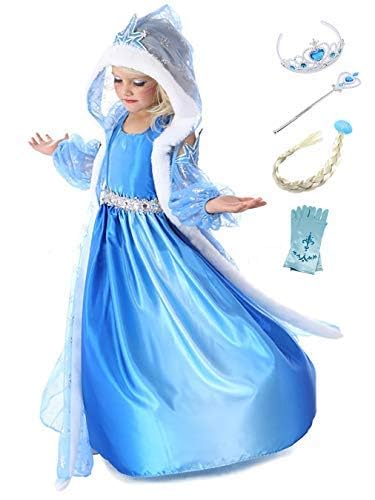 YOSICIL Mädchen Elsa Kostüm mit Zubehöre Schneeflocke Plüschkragen Eiskönigin Prinzessin Kleid mit Krone Zauberstab für Kindergarten Halloween Geburtstagsfeiern Verkleidung Partykleid, Blau, 120 von YOSICIL