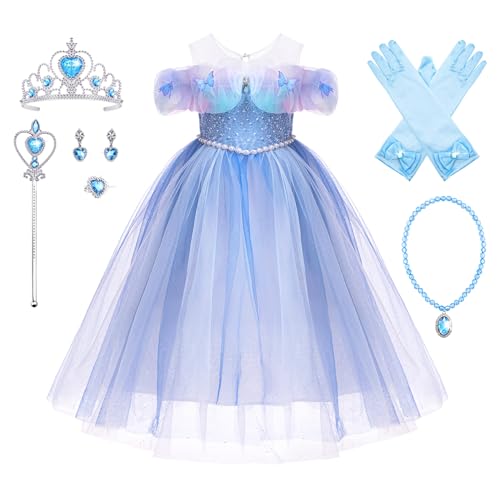 YOSICIL Mädchen Elsa Prinzessin Kleid Kinder Blaues Kostüm mit Halskette Krone Schneeflocken für Verkleidung Geschenk Halloween Karneval Partys Cosplay, Blau, 100 von YOSICIL