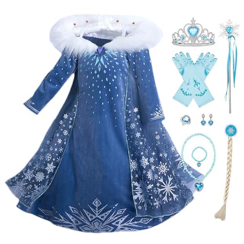 YOSICIL Mädchen Kinder Kostüm Eiskönigin Elsa Anna Kleid Winter Schneeflocken Outfits mit Handschuhe Krone für Verkleidung Cosplay Geburtstag Partys Halloween Karneval Weihnachten Schule, 110 von YOSICIL