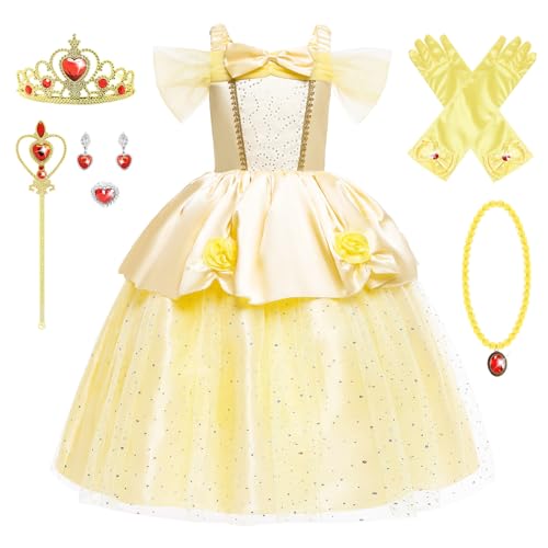 YOSICIL Mädchen Kostüm Prinzessin Belle Aurora Kleid Drop Shoulder Dress up Set mit Krone Zauberstab für Geburtstagsparty Verkleidung Cosplay Fancy Kleid mit Zubehör, Gelb, 110 von YOSICIL