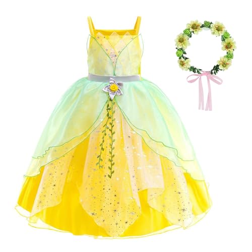 YOSICIL Mädchen Kostüm mit Kranz Tiana anna Prinzessin Kleid für Kinder Tutu Outfits Fancy Dress für Verkleidung Karneval Halloween Partys Cosplay Geschenk Rollenspiele, Grün, 100 von YOSICIL