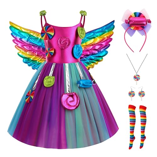 YOSICIL Mädchen Kostüm mit Lollipop Druck Kinder mehrfarbiges Kleid flügel Socken Haarband Halskette für Karneval Halloween Kindergarten Geschenk Cosplay Verkleidung, mehrfarbig, 110 von YOSICIL