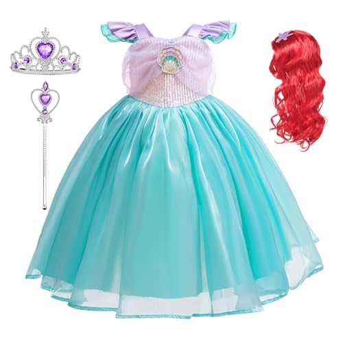 YOSICIL Mädchen Meerjungfrau Kostüm mit rote Perücke Kinder Tutu Kleid Fancy Outfits für Verkleidung Halloween Geschenk Cosplay Geburtstagsfeiern Partys Kindergarten, Lila, 110 von YOSICIL