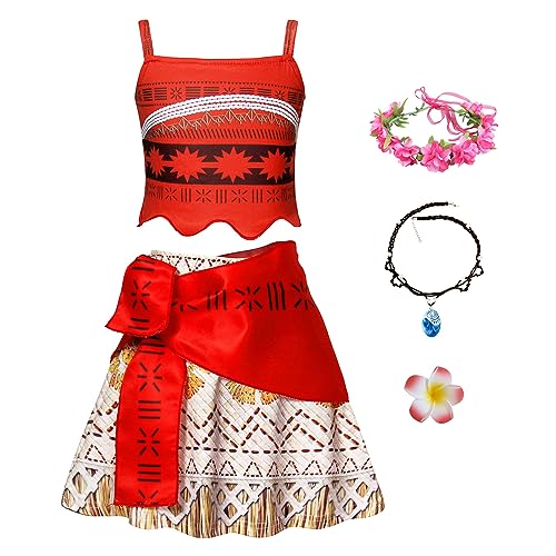 YOSICIL Vaiana 2 Prinzessin Kostüm für Kinder Mädchen Moana Outfits Set mit Kranz Halskette Strandkleid Tribal Dress up Set für Verkleidung Cosplay Strand Urlaub Weihnachten Rollenspiel Karneval, 100 von YOSICIL