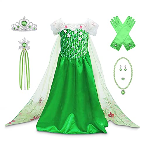 YOSICIL Mädchen Prinzessin Elsa Kostüm Mädchen Eiskönigin Kostüm 2 Elsa Kleid Cosplay Party Kleid Weihnachten Verkleidung Set Halloween Fest Karneval Fasching Partei Grün Kleid,Grün Größe 140 von YOSICIL