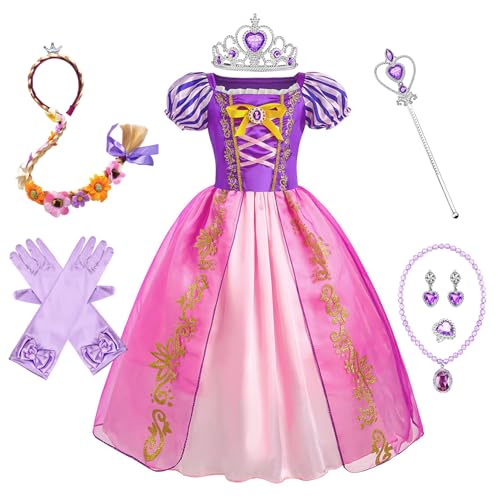 YOSICIL Mädchen Prinzessin Kleid Rapunzel Maxikleid mit Zauberstab Zopf Krone Kinder Kostüm mit Puffärmel für Halloween Karneval Weihnachten Cosplay Verkleidung Geburtstagsfeiern Kindergarten, 140 von YOSICIL