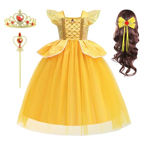 YOSICIL Mädchen Prinzessin Kostüm Belle Kinder Kleid mit Perücke Krone Tutu Rüschenärmel Dress up Outfits für Verkleidung Halloween Karneval Cosplay Geschenk, Gelb, 100 von YOSICIL