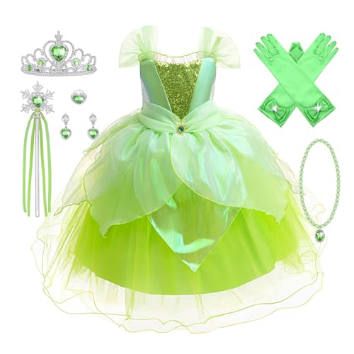 YOSICIL Mädchen Prinzessin Kostüm Tiana Kinder Kleid 6-teiliges Set Diadem Handschuhe Zauberstab Baby Tutu Outfits für Verkleidung Halloween Karneval Cosplay Geschenk Geburtstagsparty, 100 von YOSICIL