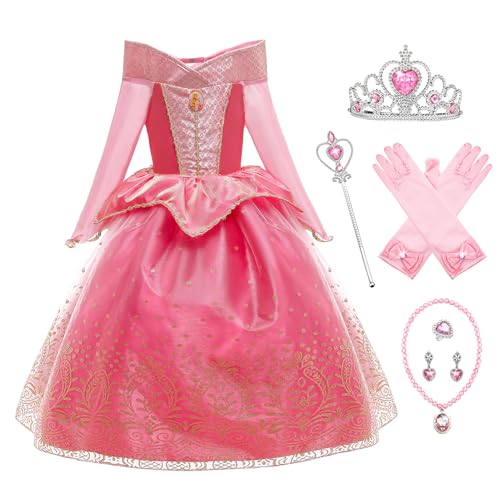 YOSICIL Mädchen Prinzessin Kostüm mit Zubehöre Kinder Kleid 6-teiliges Set mit Krone Handschuhe Zauberstab für Kindertag Weihnachten Geburtstagsfeiern Geschenk Halloween Karneval, Rosa A, 110 von YOSICIL