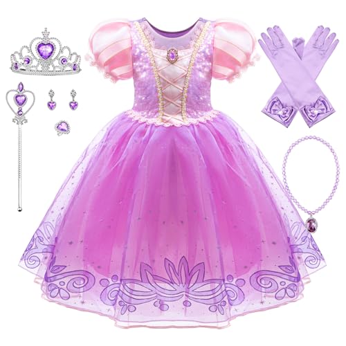 YOSICIL Mädchen Prinzessin Kostüm mit Zubehöre Kinder Rapunzel Tüll Maxikleid mit Puffärmel Dress up Set für Halloween Geburtstag Weihnachten Verkleidung Ankleiden Party, Lila, 130 von YOSICIL