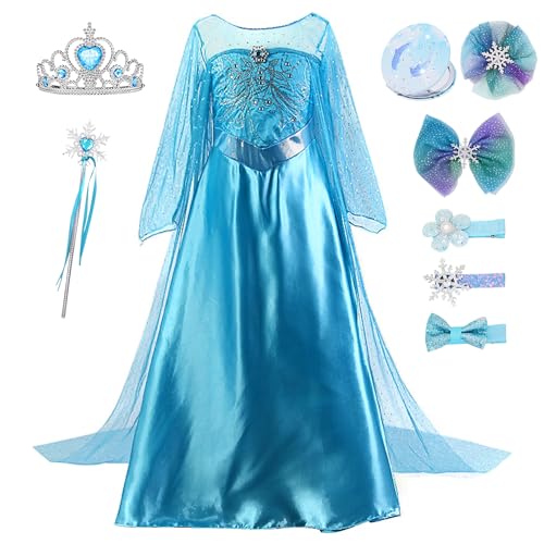 YOSICIL Mädchen Prinzessinkleid mit Zubehöre Elsa Kostüm für Kinder Girls Kleidung Spiegel Krone Zauberstab für Geburtstagsfeiern Geschenk Halloween Weihnachten Verkleidung Karneval, Blau B, 120 von YOSICIL