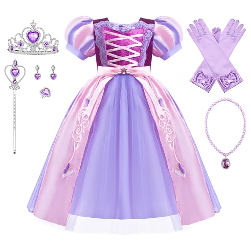 YOSICIL Mädchen Puffärmel Kleid Kinder Rapunzel Kostüm mit Halskette Baby Fany Dress up Tüll Maxikleid für Verkleidung Halloween Cosplay Fasching Karneval Party Geburtstag Ankleiden, lila, 100 von YOSICIL